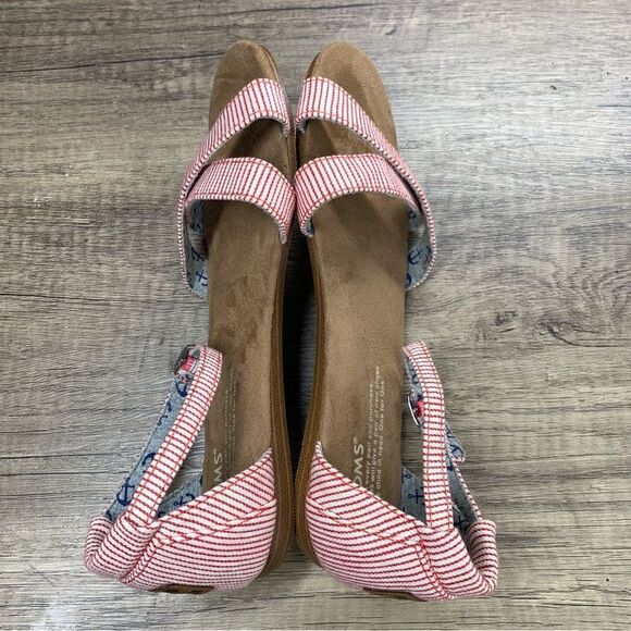 TOMS~Girls~”Correa”~ Red/White PinStripe Flat Open Toe Sandals~Size 4 - Picture 6 of 9